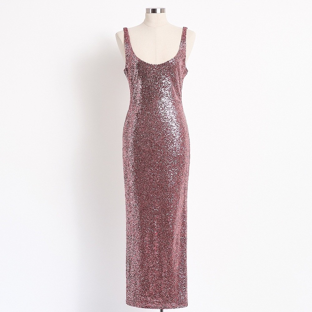 Rubber Ducky Pink Sequin Maxi Dress Low Back Formal‎ Prom Gown Size Medium Sexy